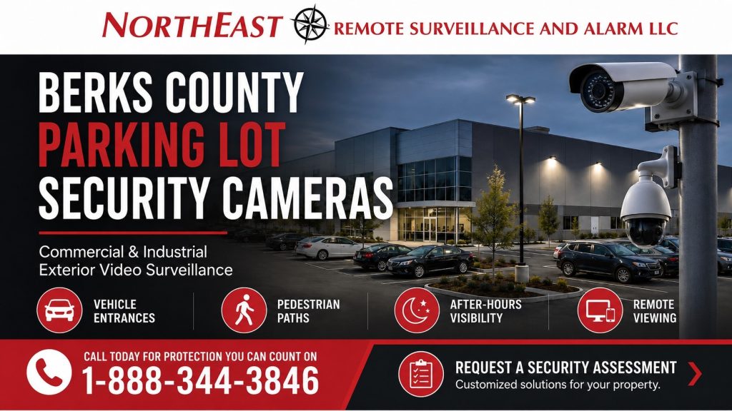 Berks County parking lot security cameras hero showing commercial parking area surveillance, vehicle entrance coverage, exterior building cameras, remote viewing, license plate views, and Northeast Remote Surveillance and Alarm, LLC branding.