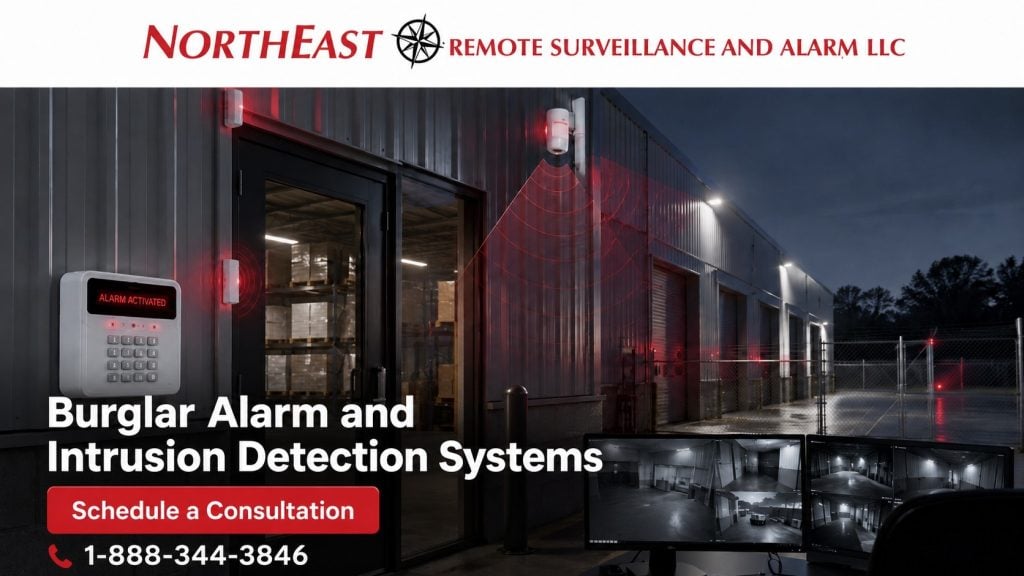 Burglar alarm and intrusion detection system protecting a commercial warehouse with alarm keypad, motion detection, video monitoring, and NERSA branding.