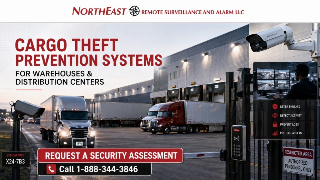 Cargo theft prevention systems for warehouses and distribution centers showing loading dock surveillance, trailer yard security, truck gate monitoring, warehouse cameras, access control, LPR cameras, and Northeast Remote Surveillance and Alarm, LLC branding.