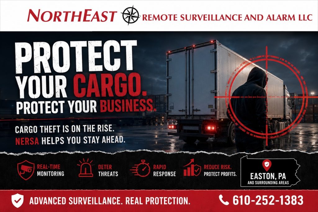 Cargo theft prevention systems in Easton, PA with loading dock surveillance, trailer and freight-area cameras, gate security, vehicle documentation, and after-hours monitoring.
