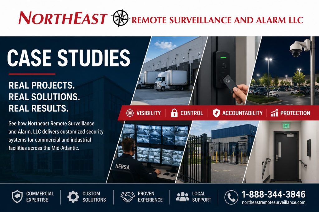 Commercial and industrial security case studies hub graphic by Northeast Remote Surveillance and Alarm, LLC showing warehouse cameras, access control readers, loading dock surveillance, parking lot monitoring, remote video monitoring screens, industrial security systems, and commercial property protection.