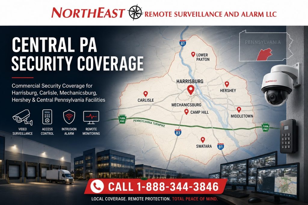 Central PA commercial security coverage showing Harrisburg-area warehouses, office buildings, logistics facilities, access control, security cameras, intrusion alarms, remote monitoring, and Northeast Remote Surveillance and Alarm LLC branding.