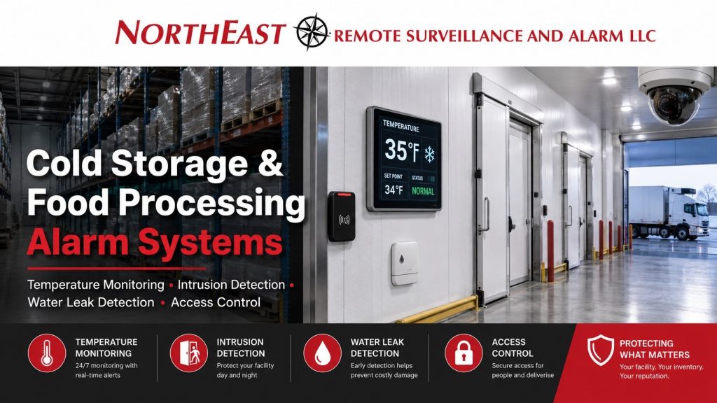Cold storage and food processing alarm systems graphic by Northeast Remote Surveillance and Alarm, LLC featuring a white logo banner, refrigerated warehouse loading dock, temperature monitoring display, intrusion detection reader, water leak sensor, security camera, access control, and 24/7 monitoring for commercial food facilities.