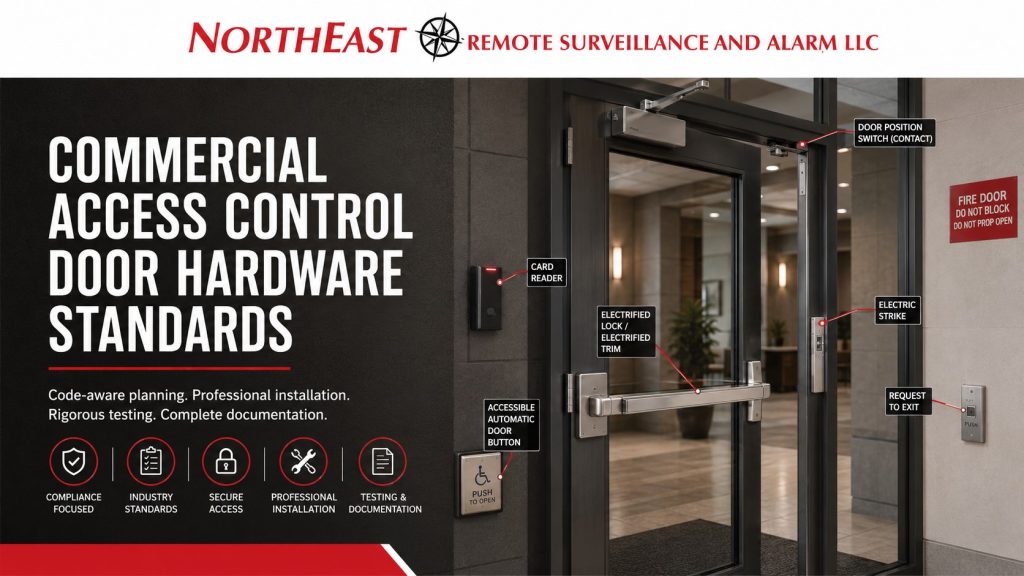 Commercial access control door hardware standards showing card reader, electrified lock, electric strike, request-to-exit device, door position switch, fire-rated opening, ADA-accessible entry, and Northeast Remote Surveillance and Alarm LLC branding.