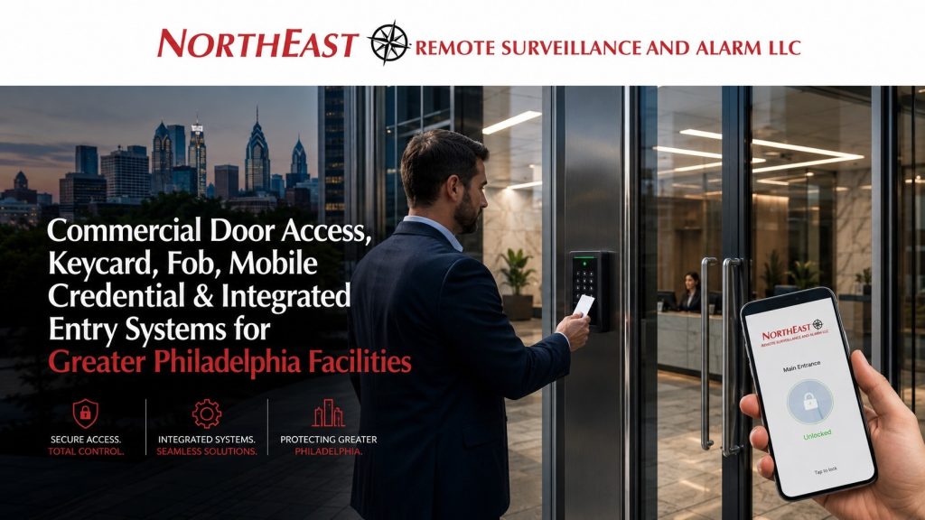 Commercial access control installation in Philadelphia showing keycard entry, mobile credential access, controlled door hardware, warehouse security, office entry protection, and Northeast Remote Surveillance and Alarm LLC branding.