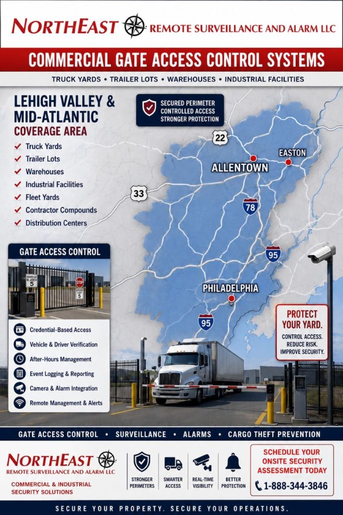 Branded Northeast Remote Surveillance and Alarm map showing commercial gate access control for truck yards, warehouses, and industrial facilities across the Lehigh Valley and Mid-Atlantic.