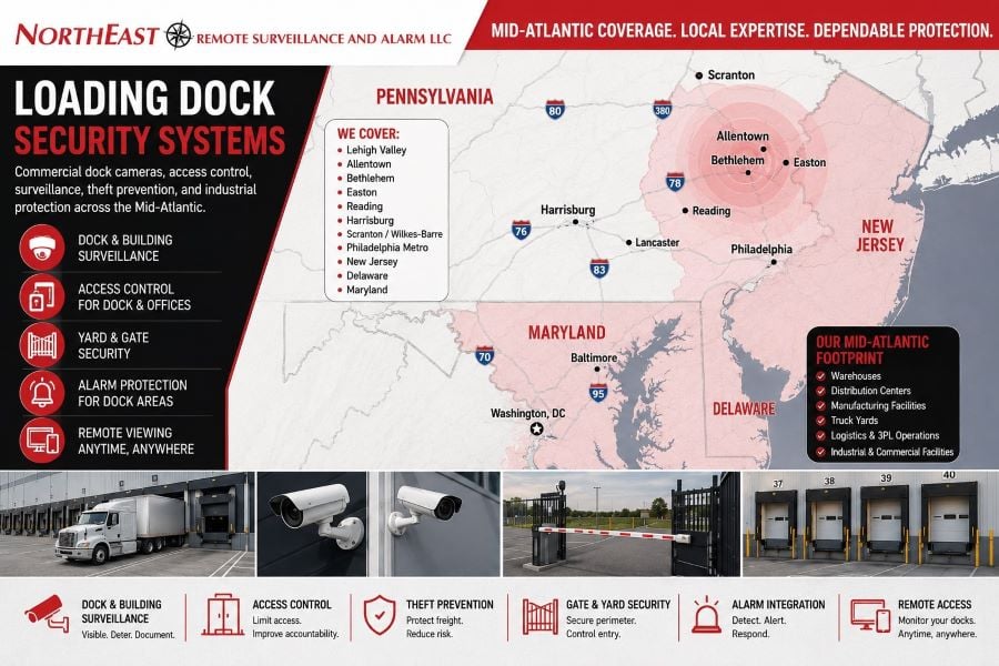 loading dock security systems service area map showing Easton, Bethlehem, I-78, Route 22, I-80, warehouse docks, surveillance cameras, access control, fenced yard security, and Pennsylvania, New Jersey and Mid Atlantic coverage.
