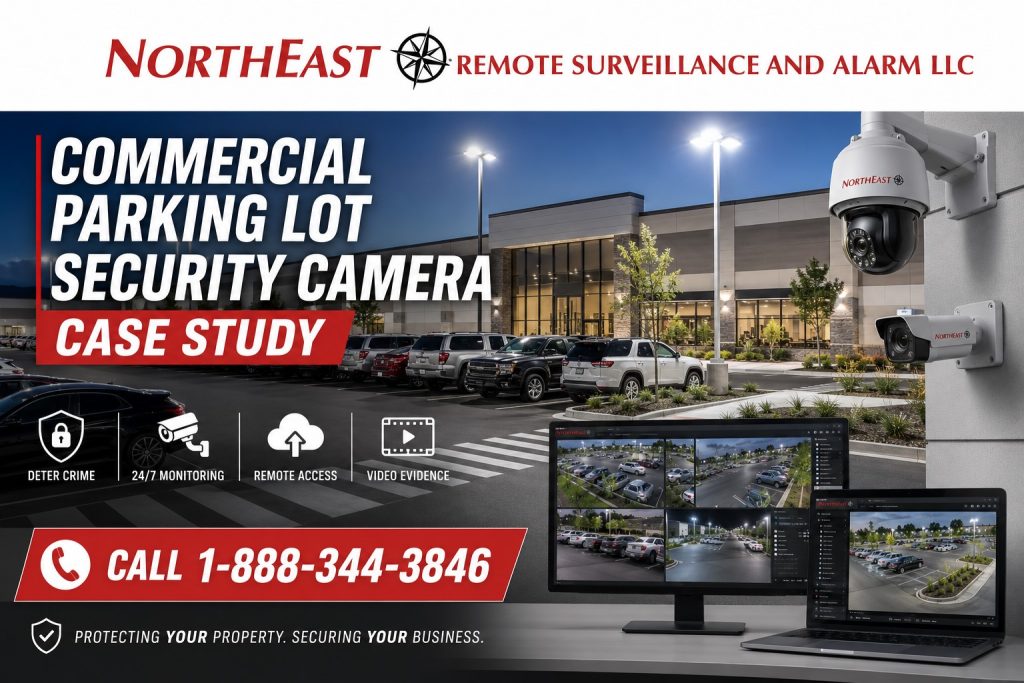 Commercial parking lot security camera case study graphic by Northeast Remote Surveillance and Alarm, LLC showing exterior parking lot cameras, vehicle rows, building entrances, lighting poles, remote video review screens, pedestrian walkways, and commercial property protection.