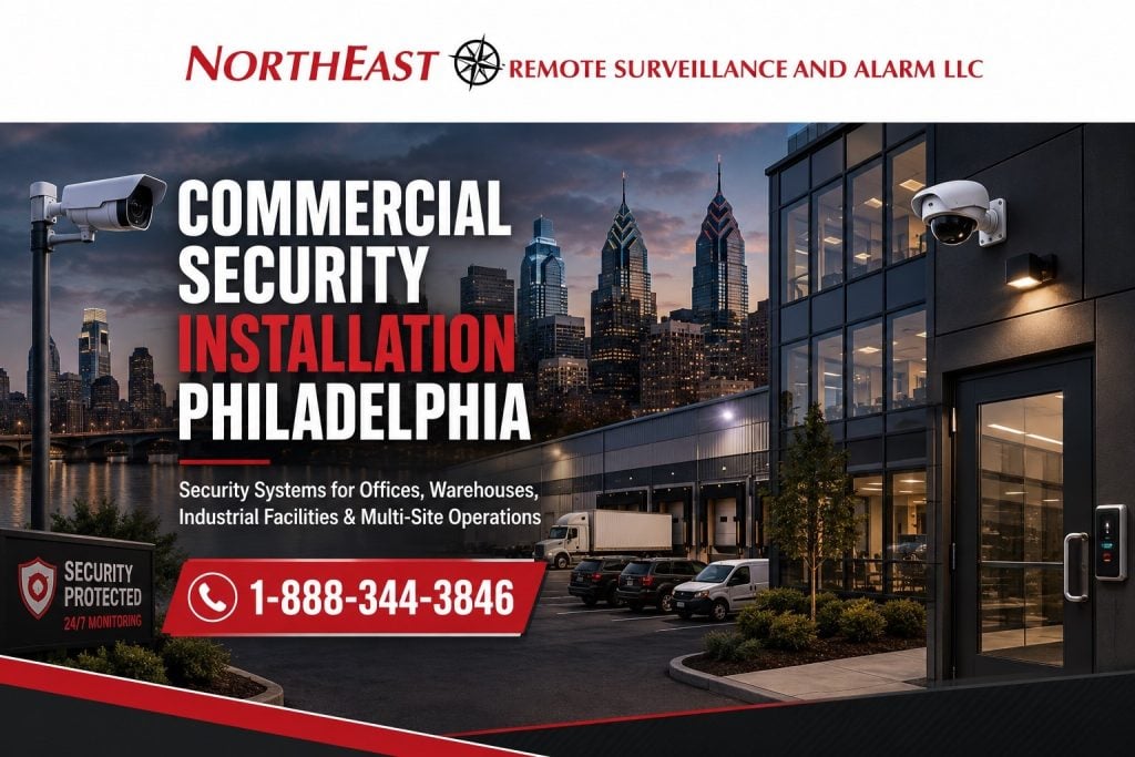 Commercial security installation in Philadelphia showing warehouse cameras, access control, intrusion alarms, remote monitoring, parking lot surveillance, and Northeast Remote Surveillance and Alarm LLC branding.