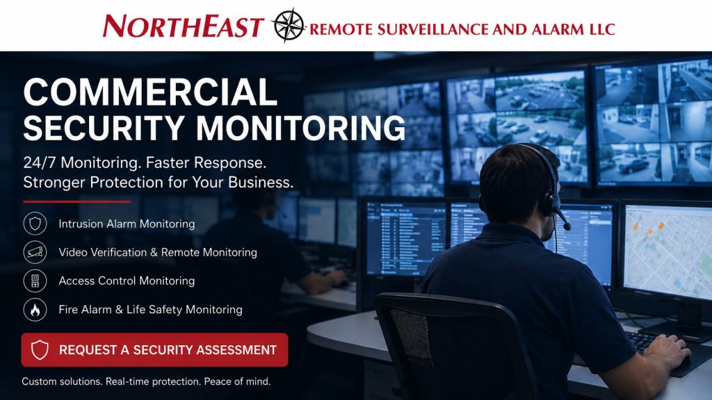 Northeast Remote Surveillance and Alarm, LLC commercial security monitoring hero image showing a branded white logo banner above an alarm monitoring station with operators, surveillance screens, intrusion alarm monitoring, video verification, access control monitoring, fire alarm monitoring, and a red security assessment call-to-action.