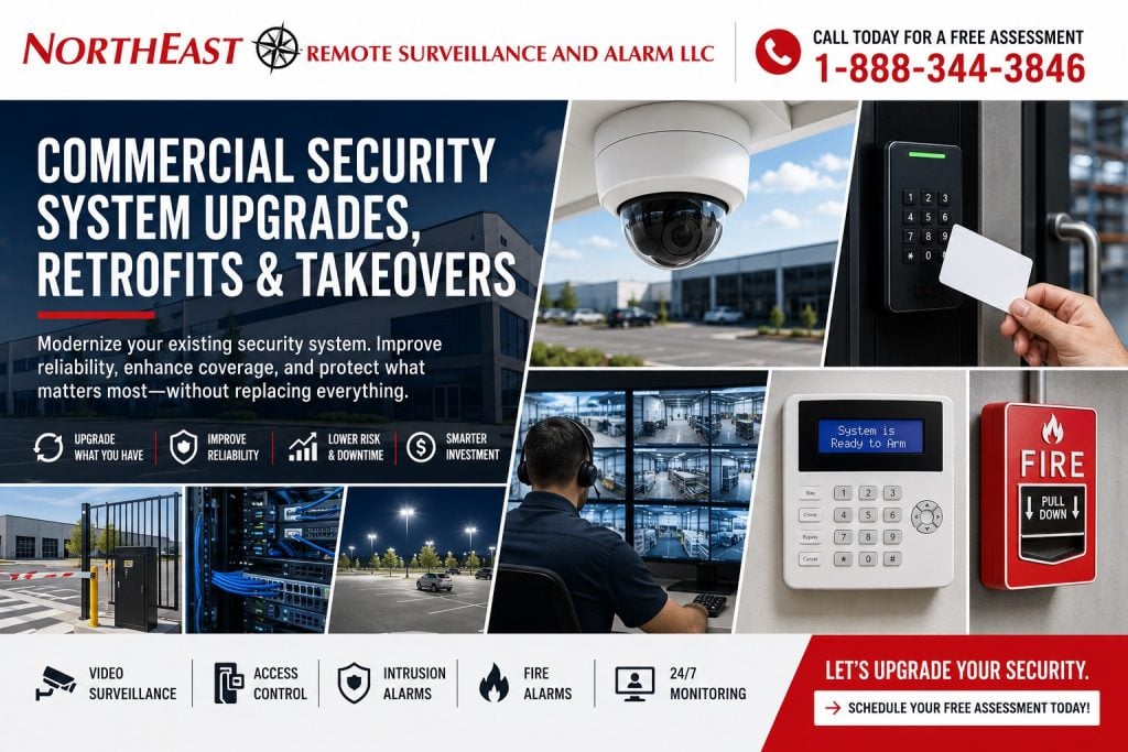 Commercial security system upgrades, retrofits, takeovers, and new installation planning involving video surveillance, access control, intrusion alarms, monitoring, door hardware, cabling, and system documentation by Northeast Remote Surveillance and Alarm, LLC.
