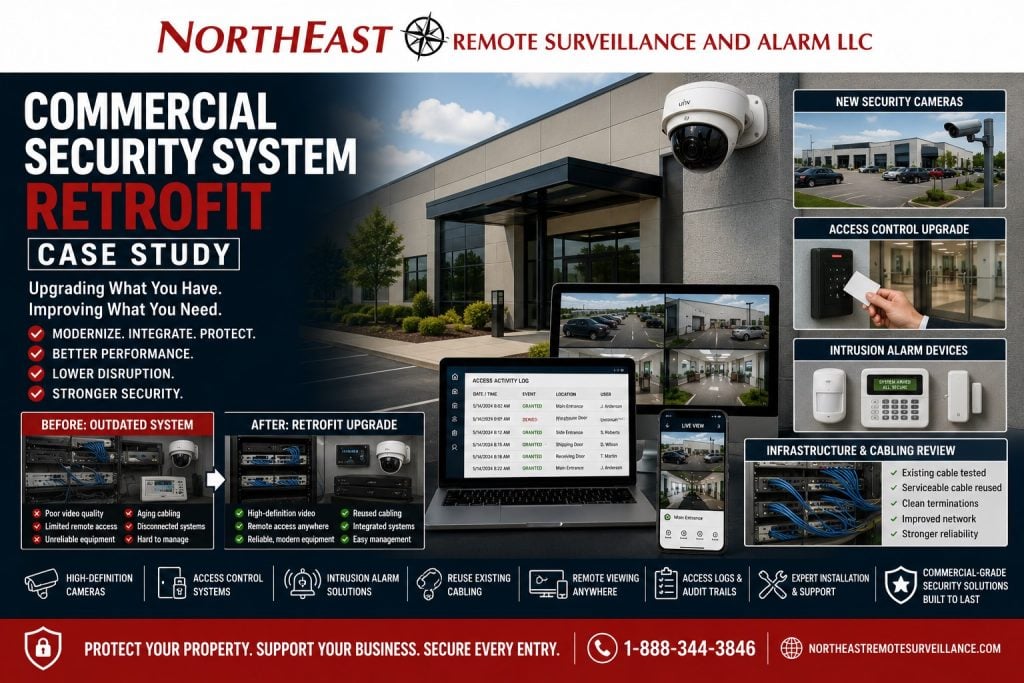 Commercial security system retrofit case study by Northeast Remote Surveillance and Alarm, LLC showing an existing commercial building upgraded with new security cameras, access control readers, intrusion alarm devices, reused cabling, network equipment, remote viewing, and commercial-grade security support.
