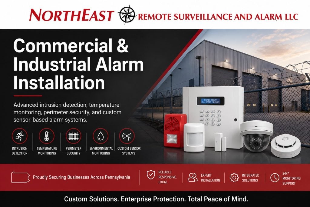 Commercial intrusion alarm panel, keypad, door contacts, motion detection, panic protection, communications, and monitored security.