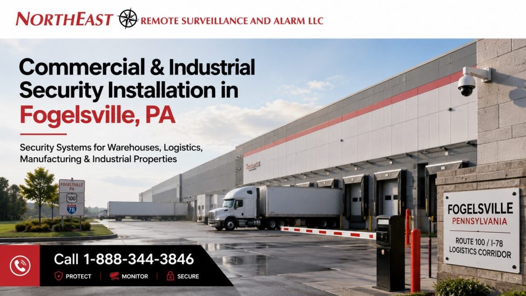 Branded Northeast Remote Surveillance and Alarm LLC graphic for commercial and industrial security installation in Fogelsville, PA, showing warehouse cameras, access control, industrial buildings, and the Route 100 / I-78 logistics corridor.