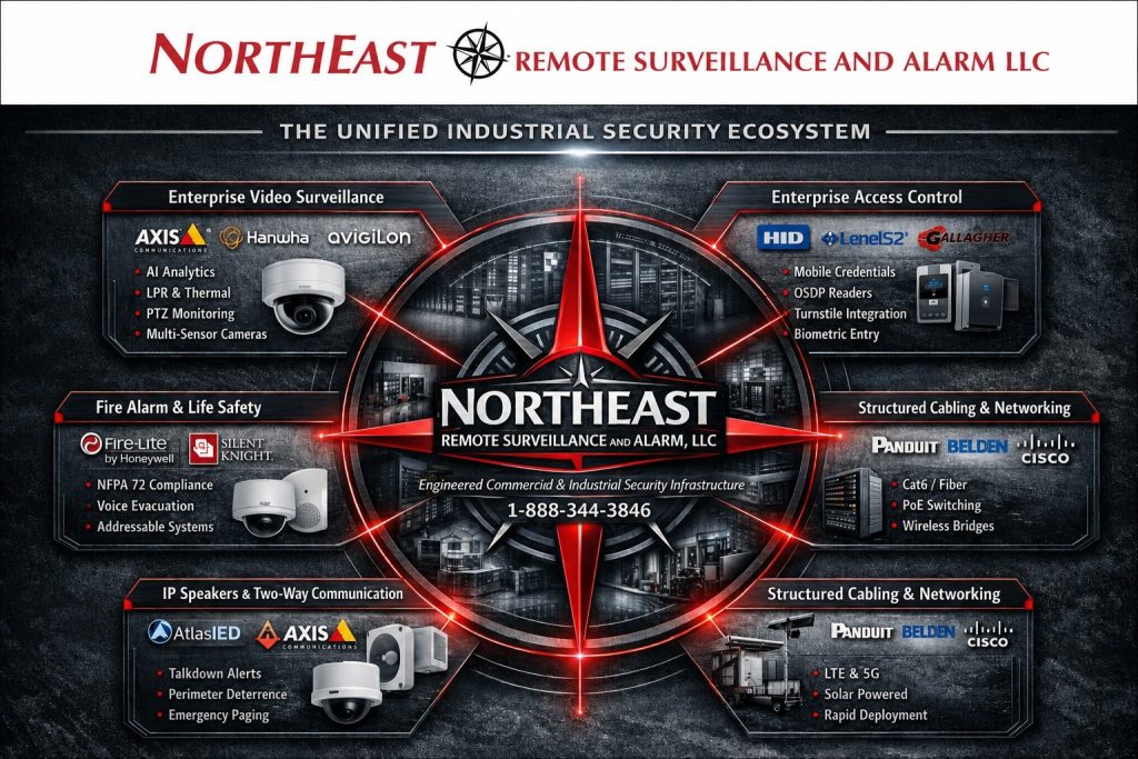 Commercial and industrial security services including video surveillance, access control, intrusion alarms, fire alarm, monitoring, intercoms, gate security, and low-voltage infrastructure
