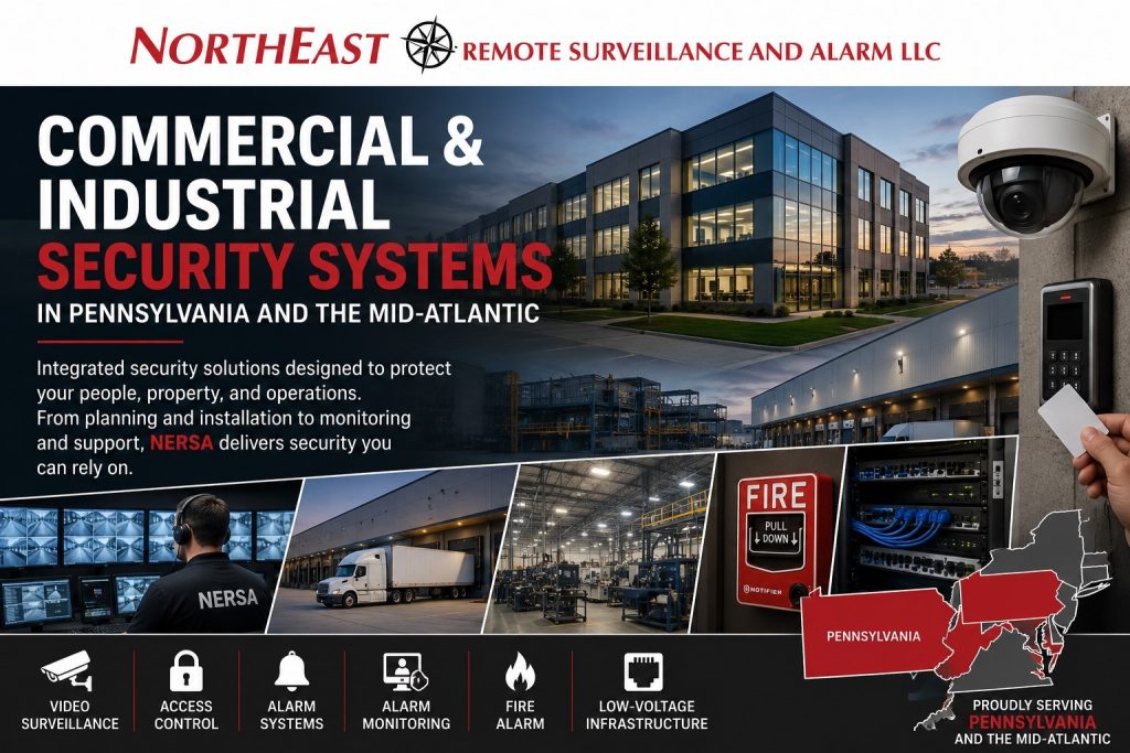 Commercial and industrial facility with security cameras, access control, fire alarm, monitoring, and low-voltage infrastructure