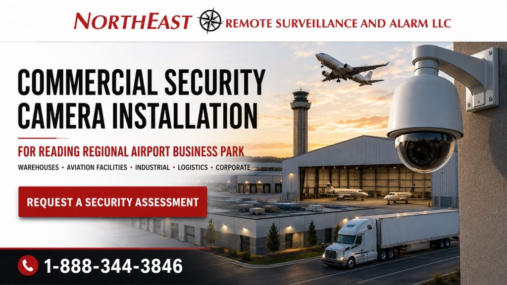 Commercial hangar, warehouse, gated entrance, and security cameras near Reading Regional Airport