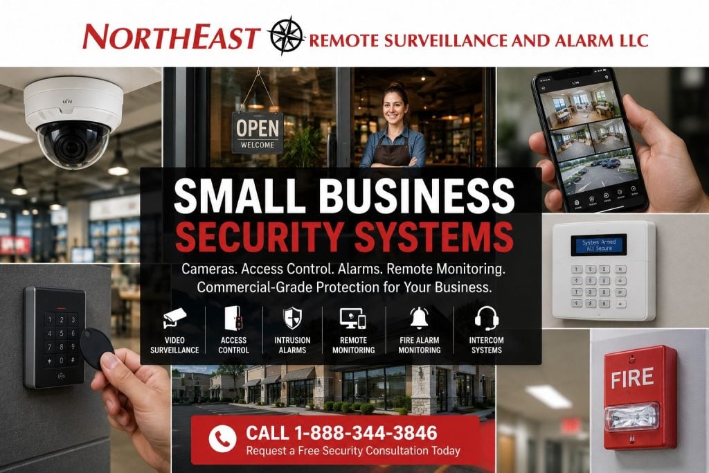Contractor shop security systems collage showing video surveillance, access control, intrusion alarms, gate and yard security, remote viewing, tool room protection, vehicle and trailer security, fire alarm integration, and low-voltage security solutions by NERSA.