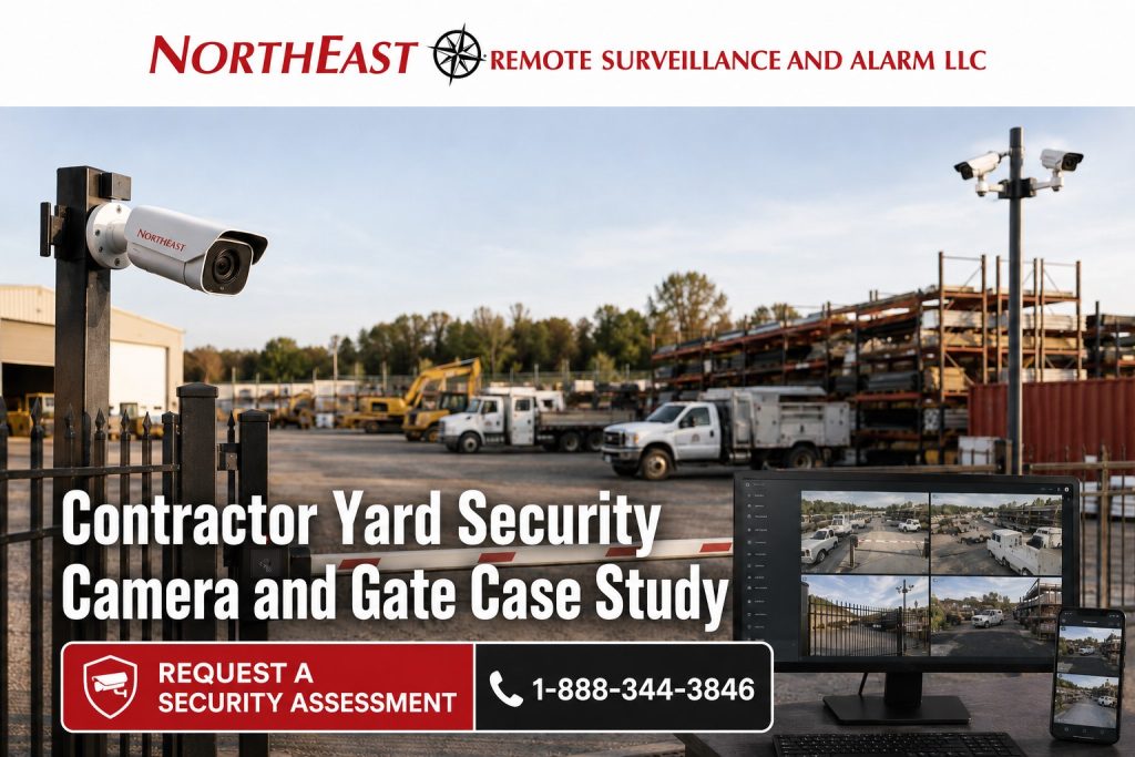 Contractor yard security camera and gate case study graphic by Northeast Remote Surveillance and Alarm, LLC showing fenced equipment yard, vehicle gate, access control reader, perimeter cameras, parked work trucks, material storage, remote monitoring screens, and commercial exterior security protection.