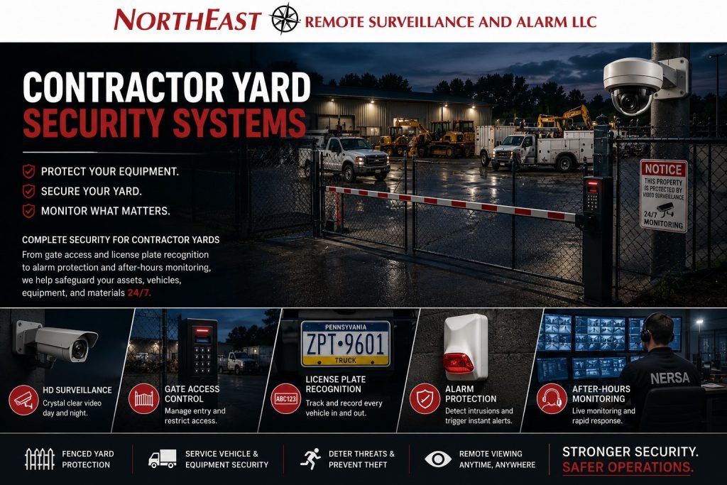 Contractor yard security systems showing fenced exterior storage, service vehicles, equipment lots, gate access, surveillance cameras, license plate recognition, alarm protection, and after-hours monitoring by Northeast Remote Surveillance and Alarm, LLC.