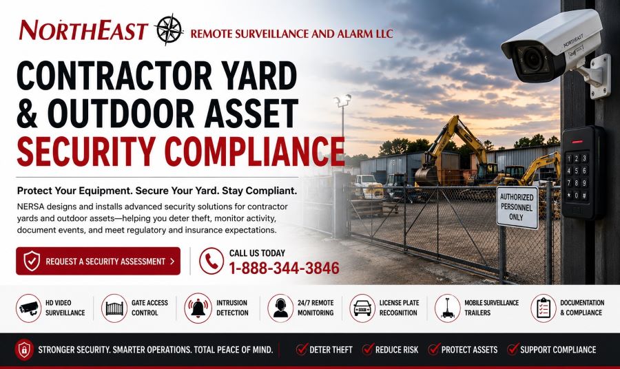 Contractor yard and outdoor asset security compliance hero showing gated equipment yard, surveillance camera, keypad access control, heavy equipment, remote monitoring, license plate recognition, mobile surveillance trailers, and NERSA branding.