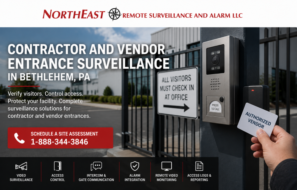 Contractor and vendor entrance surveillance in Bethlehem, PA by Northeast Remote Surveillance and Alarm, LLC showing video intercoms, access control, camera coverage, gate communication, visitor verification, alarm coordination, and commercial industrial security planning.