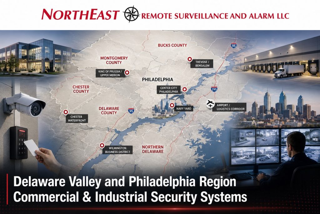Delaware Valley and Philadelphia region commercial security systems installation showing Philadelphia skyline, warehouse cameras, access control, intrusion alarms, remote monitoring, industrial facilities, and Northeast Remote Surveillance and Alarm LLC branding.