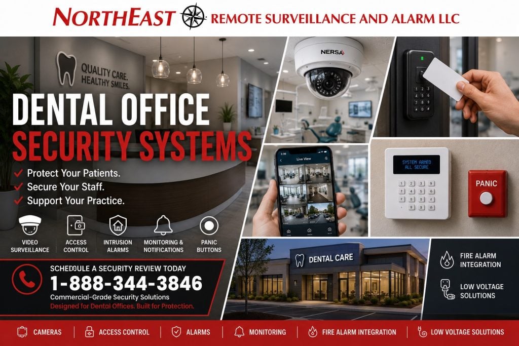 Dental office security systems collage showing video surveillance, access control, intrusion alarms, remote monitoring, panic buttons, fire alarm integration, dental office protection, and low-voltage security solutions by NERSA.
