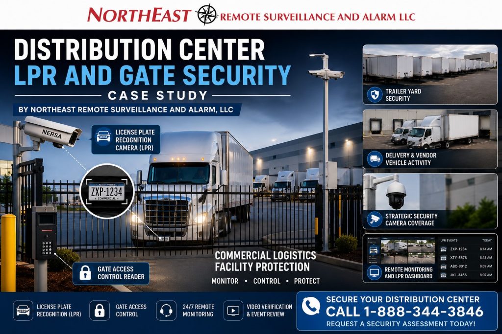 Distribution center LPR and gate security case study graphic by Northeast Remote Surveillance and Alarm, LLC showing truck entrance gate, license plate recognition camera, gate access control reader, trailer yard, delivery trucks, security cameras, monitoring dashboard, and commercial logistics facility protection.