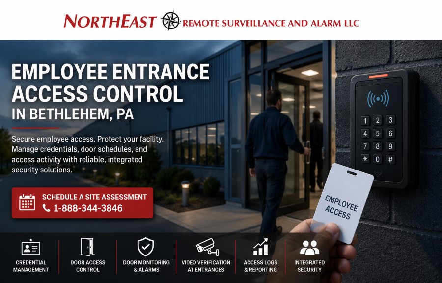 Employee entrance access control in Bethlehem, PA by Northeast Remote Surveillance and Alarm, LLC showing card readers, employee doors, camera coverage, access logs, door monitoring, alarm coordination, and commercial industrial security planning.