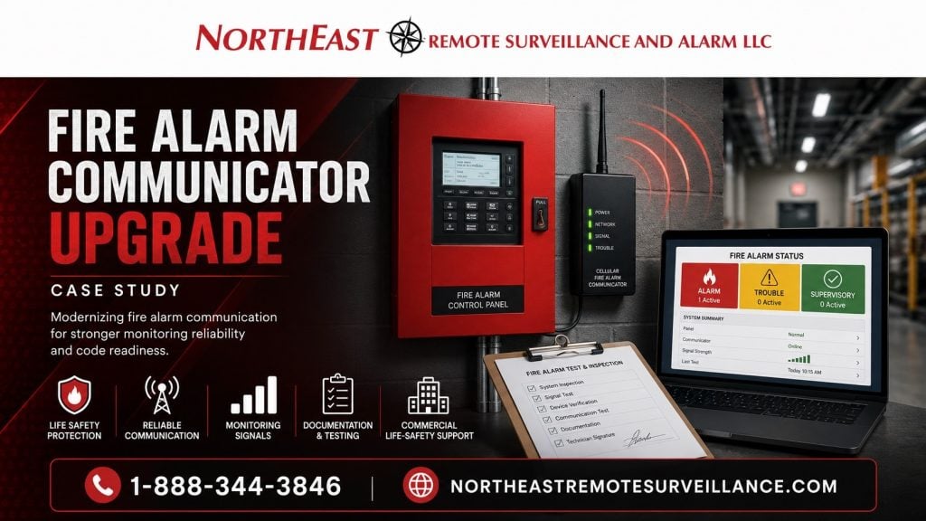  Fire alarm communicator upgrade case study by Northeast Remote Surveillance and Alarm, LLC showing a fire alarm control panel, cellular communicator, monitoring signals, documentation, and commercial life-safety system support.