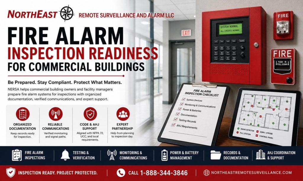 Fire alarm inspection readiness hero showing a commercial fire alarm control panel, pull station, inspection checklist, floor plan documentation, monitoring communications, AHJ support, and NERSA branding.