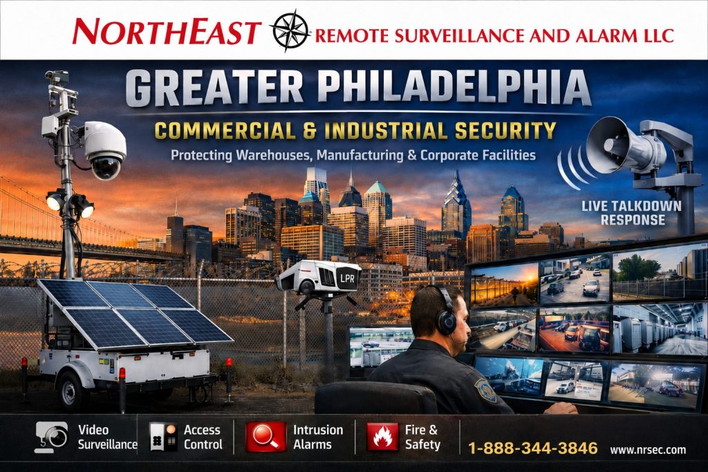 Greater Philadelphia commercial and industrial security installation showing Philadelphia skyline, solar surveillance trailer, LPR camera, live talkdown response, monitoring center, access control, intrusion alarms, fire safety, and Northeast Remote Surveillance and Alarm LLC branding.