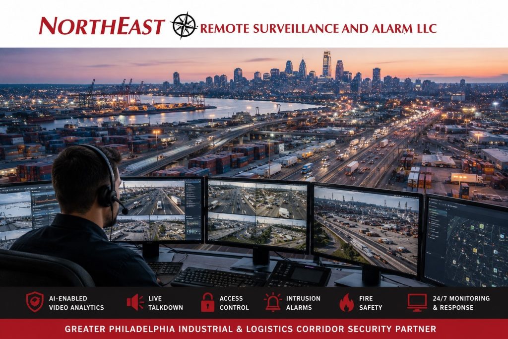Security operator monitoring AI-enabled surveillance cameras for the Greater Philadelphia industrial and logistics corridor with highways, freight traffic, port activity, access control, live monitoring, and Northeast Remote Surveillance and Alarm LLC branding.