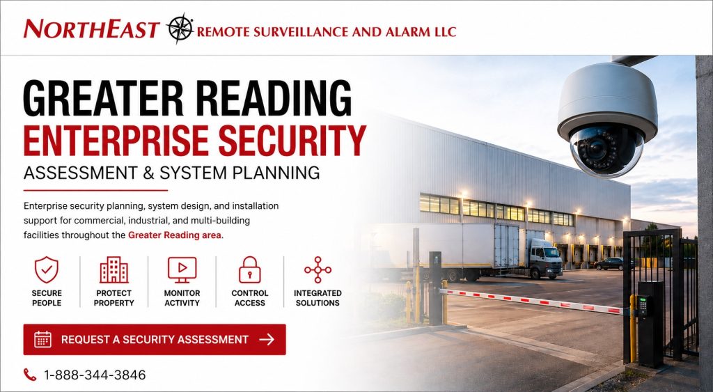 Greater Reading enterprise security assessment and system planning graphic by Northeast Remote Surveillance and Alarm, LLC showing a commercial facility, surveillance camera, gate access control, loading docks, integrated security icons, and request a security assessment CTA.