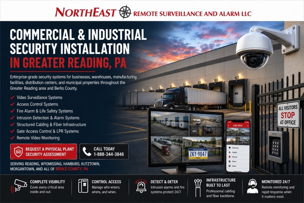 Branded graphic for Northeast Remote Surveillance and Alarm, LLC showing commercial and industrial security installation services in Greater Reading, PA including video surveillance, access control, fire alarm systems, intrusion detection, structured cabling, remote monitoring, gate access, and warehouse security.