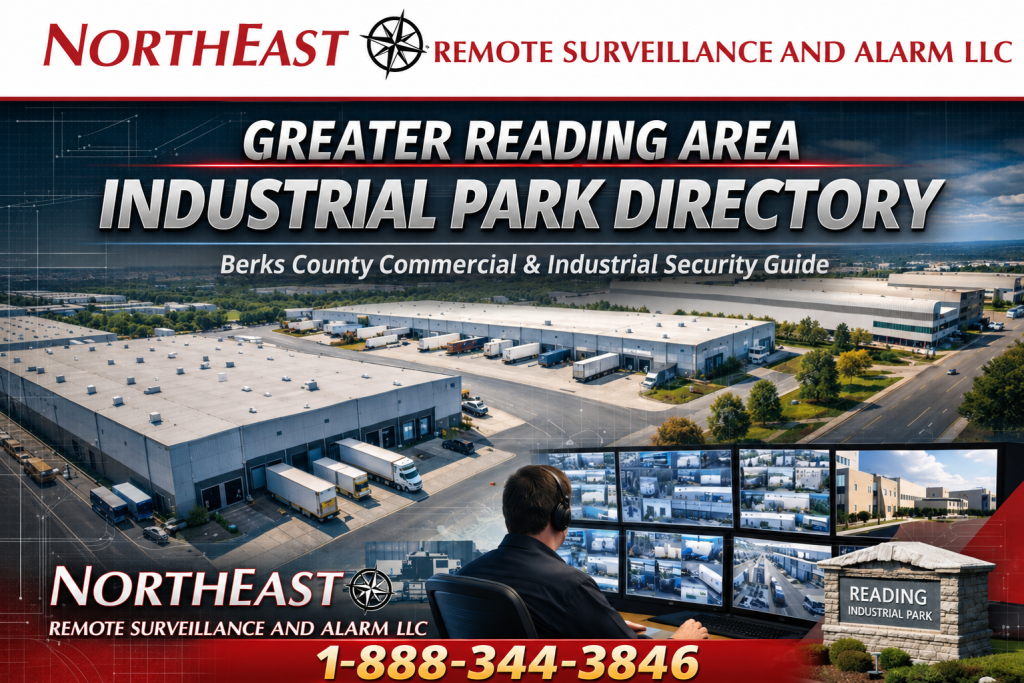 Greater Reading Area industrial park security directory showing warehouses, logistics facilities, manufacturing buildings, loading docks, security cameras, access control, intrusion alarms, remote monitoring, and Northeast Remote Surveillance and Alarm LLC branding.