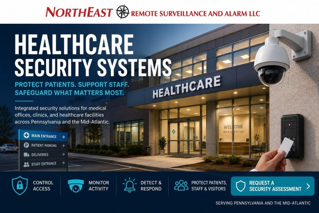 Healthcare security systems with surveillance cameras, controlled entry, access control, patient parking visibility, and NERSA branding for Pennsylvania and Mid-Atlantic medical facilities.