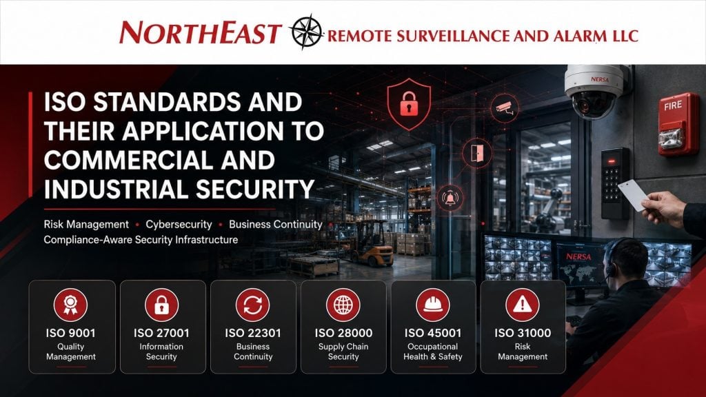 Infographic showing ISO 9001, ISO 27001, ISO 22301, ISO 28000, ISO 45001, and ISO 31000 standards applied to commercial video surveillance, access control, intrusion alarms, monitoring, cybersecurity, documentation, and industrial security systems by Northeast Remote Surveillance and Alarm, LLC.