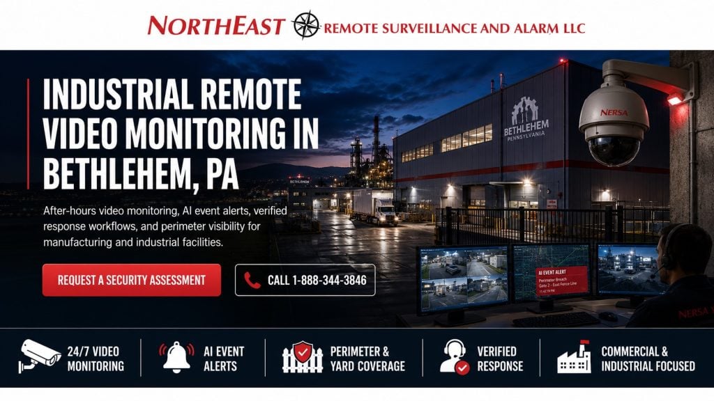 Industrial remote video monitoring in Bethlehem, PA for Northeast Remote Surveillance and Alarm, LLC showing a monitored industrial facility, perimeter security cameras, AI event alerts, gate and yard coverage, live monitoring screens, verified response workflows, and commercial industrial after-hours security.