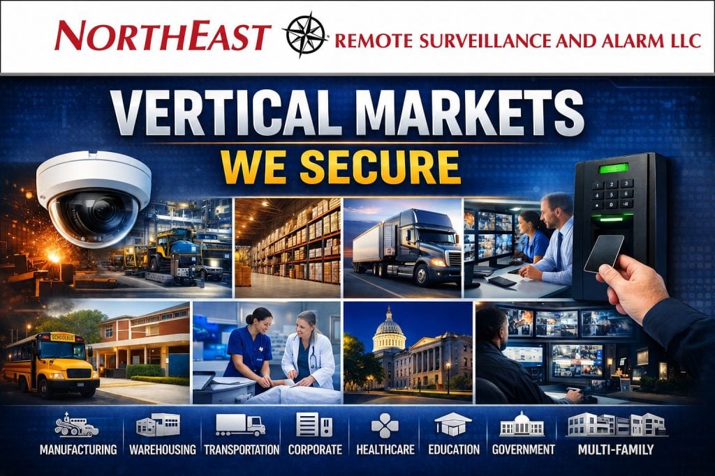 Commercial security systems for manufacturing plants, warehouses, offices, healthcare facilities, schools, municipal properties, retail businesses, contractor yards, and multi-site organizations