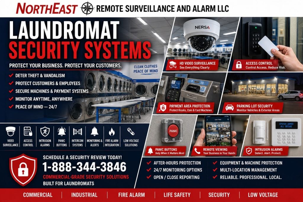 Laundromat security systems collage showing video surveillance, access control, intrusion alarms, payment-area protection, remote viewing, panic buttons, parking lot security, fire alarm integration, and low-voltage security solutions by NERSA.