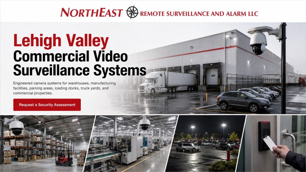 Lehigh Valley commercial video-surveillance system covering warehouses, manufacturing facilities, offices, parking areas, loading docks, entrances, truck yards, and multi-site properties.