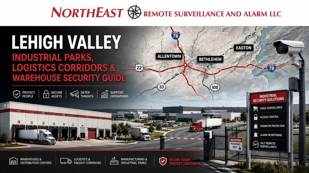 Branded Northeast Remote Surveillance and Alarm LLC map-style graphic showing Lehigh Valley industrial parks, warehouse clusters, logistics corridors, Allentown, Bethlehem, Easton, I-78, Route 22, Route 33, Route 100, loading docks, truck yards, access control, security cameras, and commercial security coverage areas.