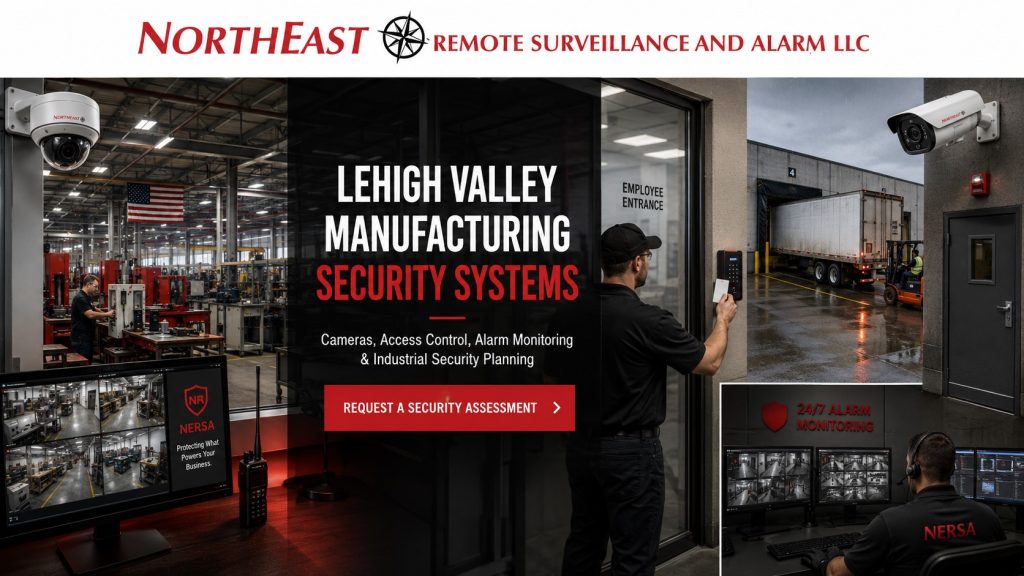 Lehigh Valley manufacturing security systems showing production floor cameras, employee entrance access control, loading dock surveillance, restricted room protection, alarm monitoring, and Northeast Remote Surveillance and Alarm LLC branding.