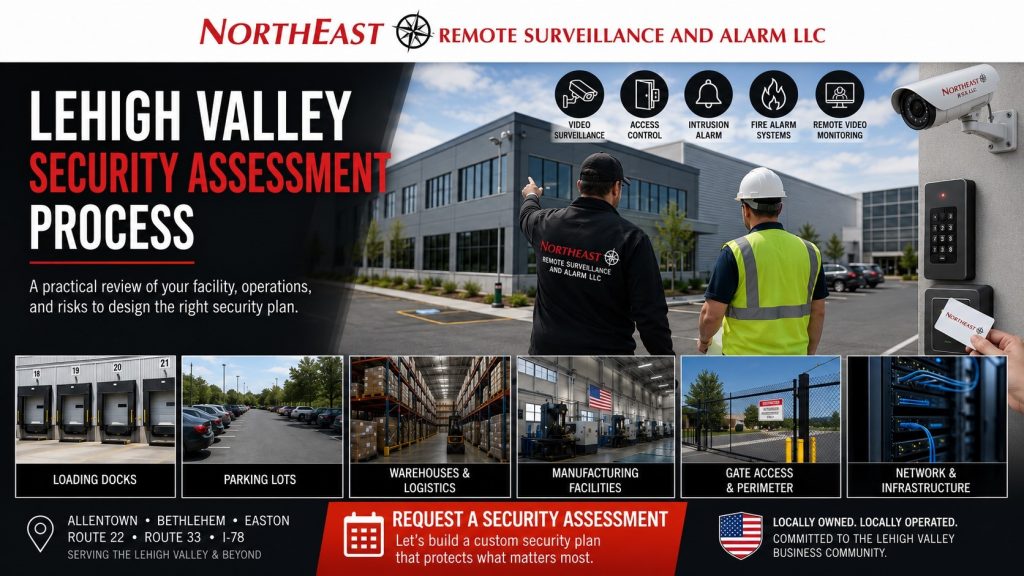 Lehigh Valley security assessment process showing commercial facility walkthrough, cameras, access control, alarm planning, loading docks, parking lots, warehouses, manufacturing buildings, and Northeast Remote Surveillance and Alarm LLC branding.