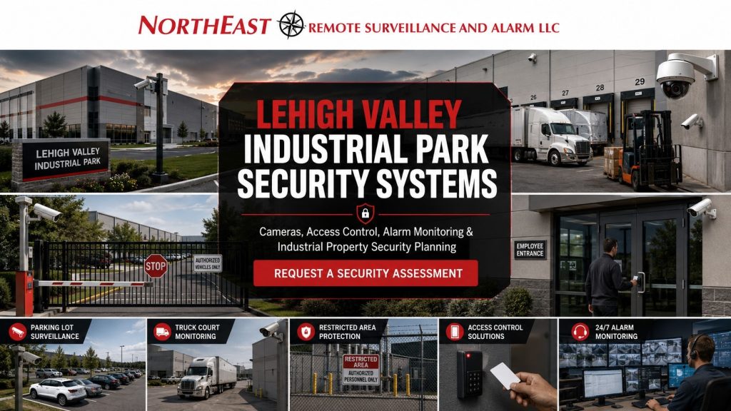 Lehigh Valley industrial park security systems showing warehouse cameras, loading dock surveillance, gated access control, parking lot monitoring, restricted area protection, alarm monitoring, and Northeast Remote Surveillance and Alarm LLC branding.