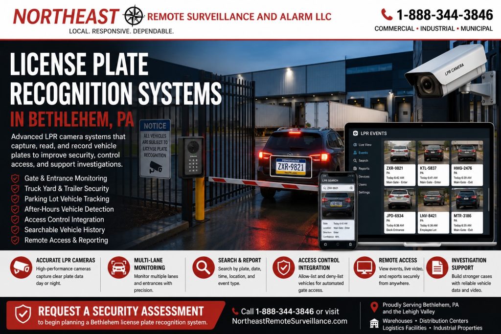 Use this alt text:
License plate recognition systems in Bethlehem, PA hero image for Northeast Remote Surveillance and Alarm, LLC showing an industrial gate entrance, LPR camera, vehicle plate capture, truck yard and trailer security, parking lot vehicle tracking, access control integration, remote reporting, and a Request a Security Assessment CTA for warehouses, distribution centers, logistics facilities, and industrial properties.