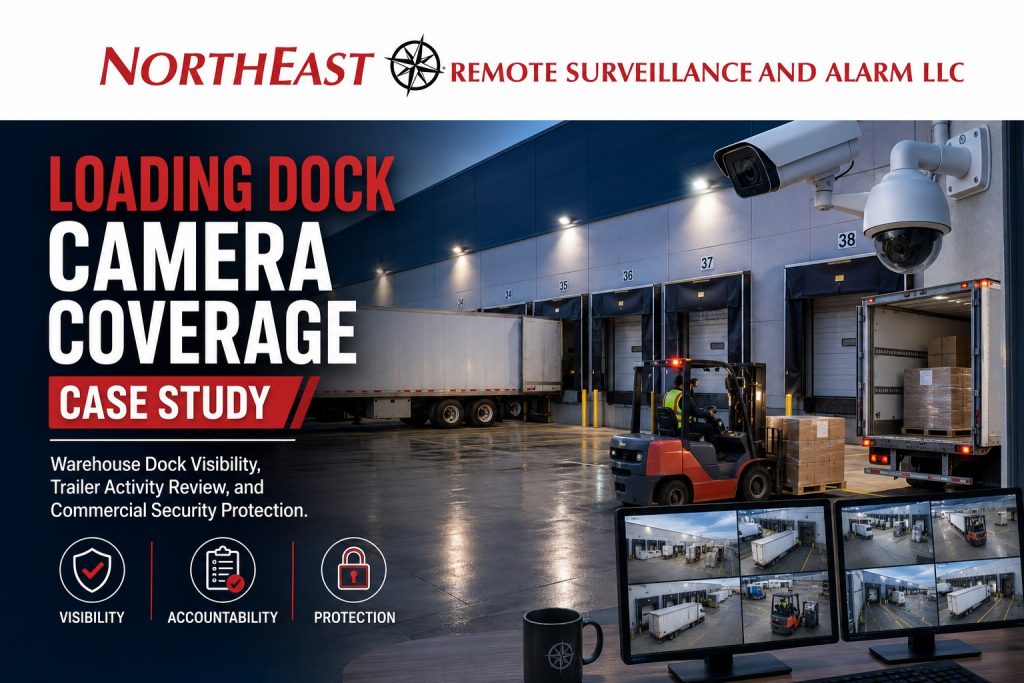 Loading dock camera coverage case study graphic by Northeast Remote Surveillance and Alarm, LLC showing warehouse dock doors, trailer loading zones, forklift activity, dock surveillance cameras, remote video review screens, and commercial warehouse security protection.