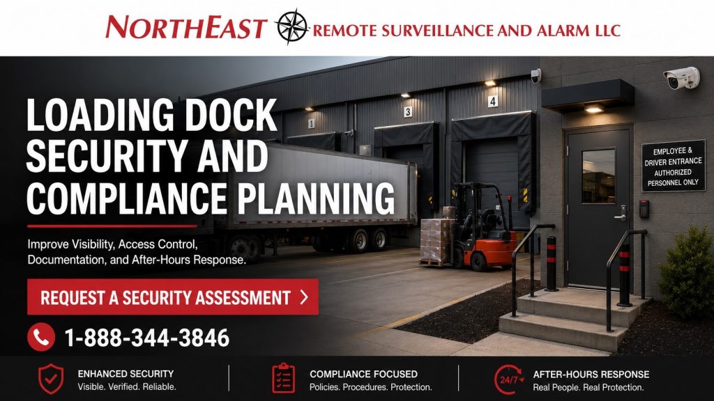 Loading dock security and compliance planning graphic showing warehouse dock doors, trailer staging, forklift activity, access-controlled employee entrance, surveillance cameras, and NERSA branding.